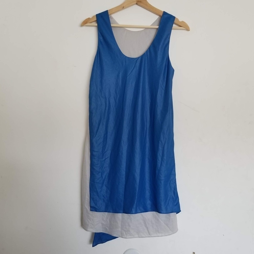 NEW Poleci Blue Silver Geometric Silky Smooth Textured Shift Dress Size Small